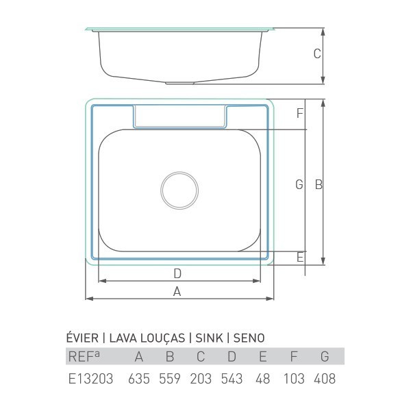 Évier inox à encastrer ONYX 1 bac 63,5 x 55,9 x 17,8 - 2